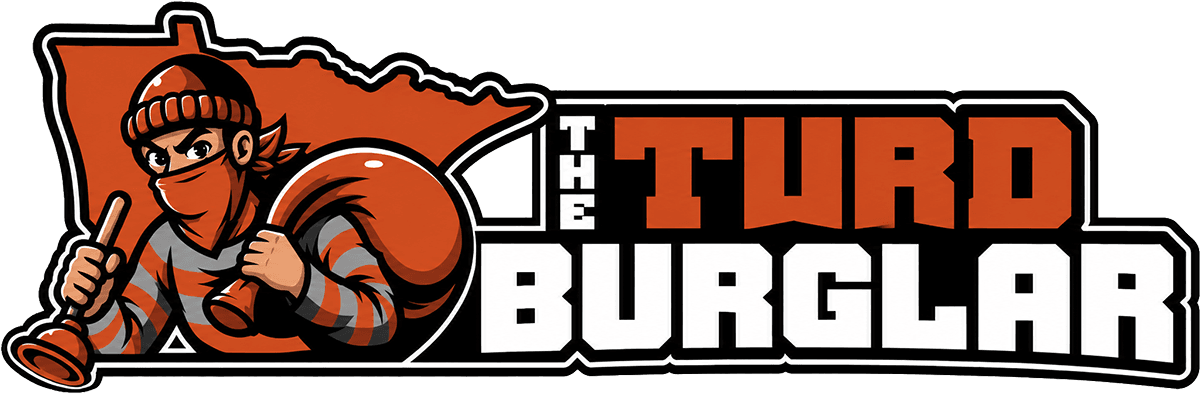 Logo featuring a cartoon burglar character with a sack and mask, positioned over an orange outline of Minnesota, with the text 'THE TURD BURGLAR' in bold stylized letters.