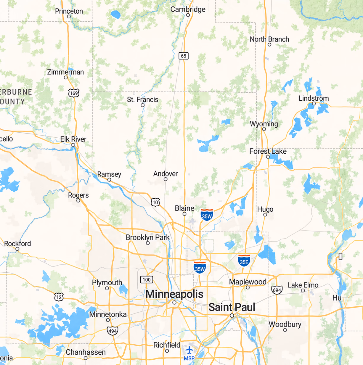 Map showing Anoka County, Minnesota with cities like Anoka, Coon Rapids, Blaine, and Ham Lake.